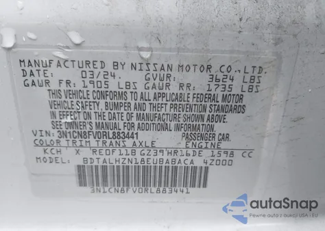 2024 Nissan Versa 1.6 Sr from USA, damaged, VIN 3N1CN8FV0RL883441